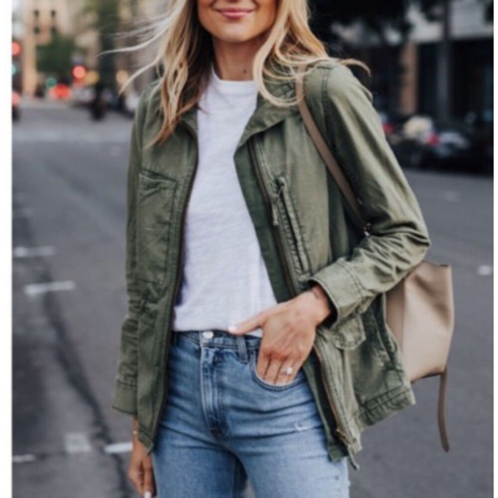 Madewell Fleet Jacket Utility Green Full Zip XS Cotton Drawstring Waist